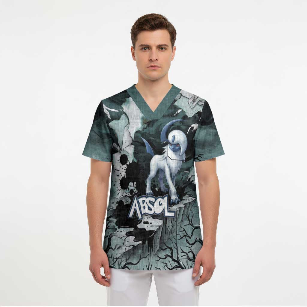 Absol Scrub Top Gothic Apocalypse Ink Art