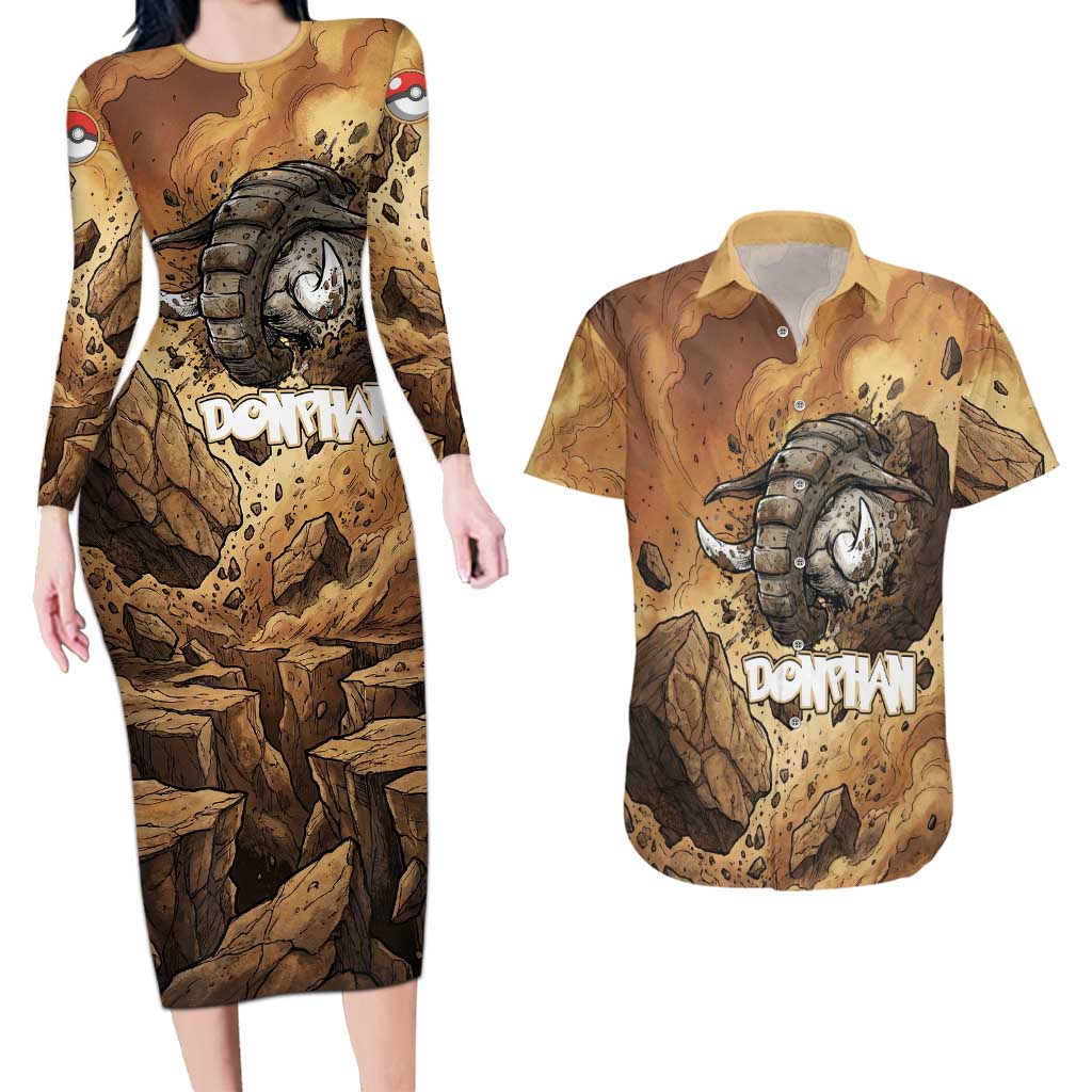 Donphan Couples Matching Long Sleeve Bodycon Dress and Hawaiian Shirt Explosive Earthquake Comic Art