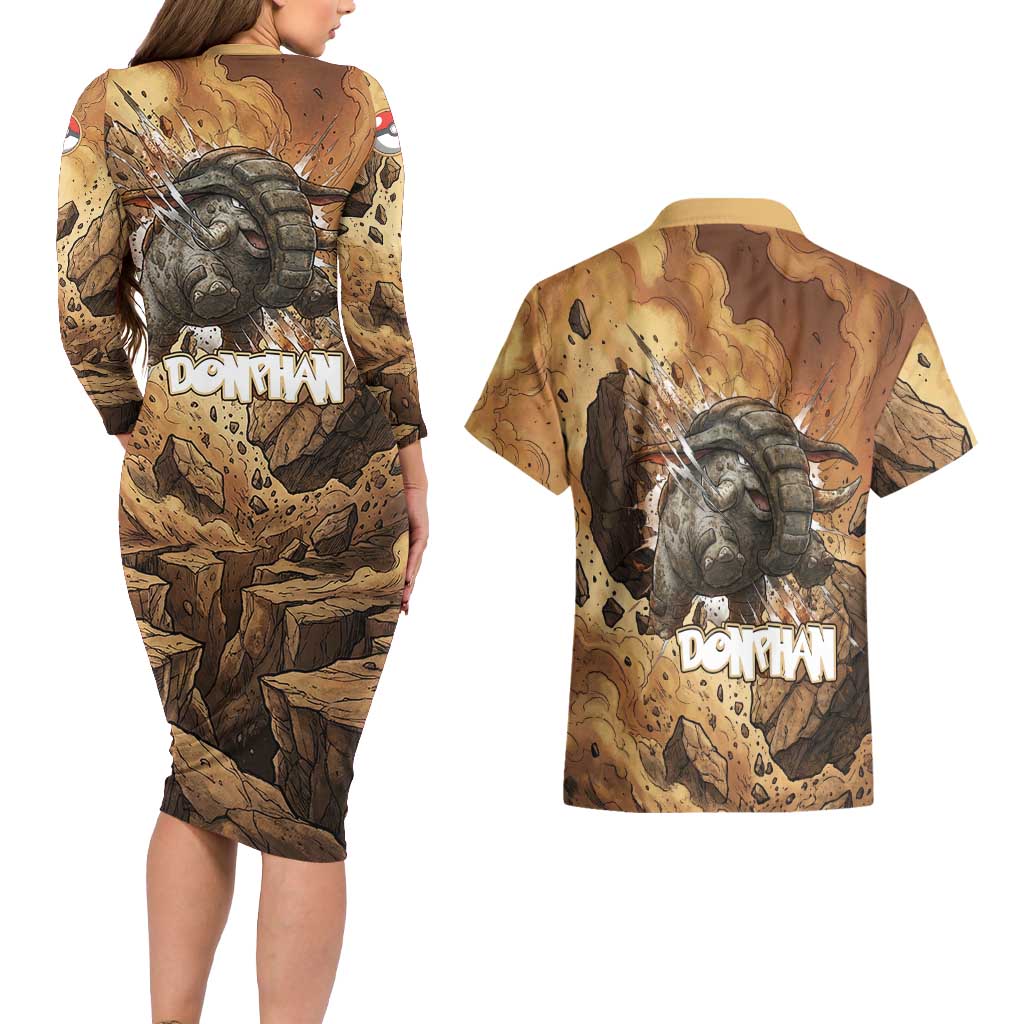 Donphan Couples Matching Long Sleeve Bodycon Dress and Hawaiian Shirt Explosive Earthquake Comic Art