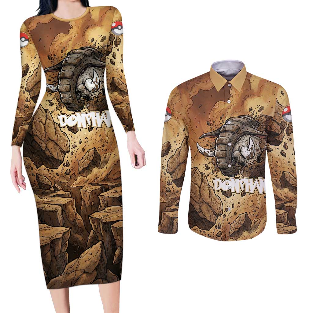 Donphan Couples Matching Long Sleeve Bodycon Dress and Long Sleeve Button Shirt Explosive Earthquake Comic Art