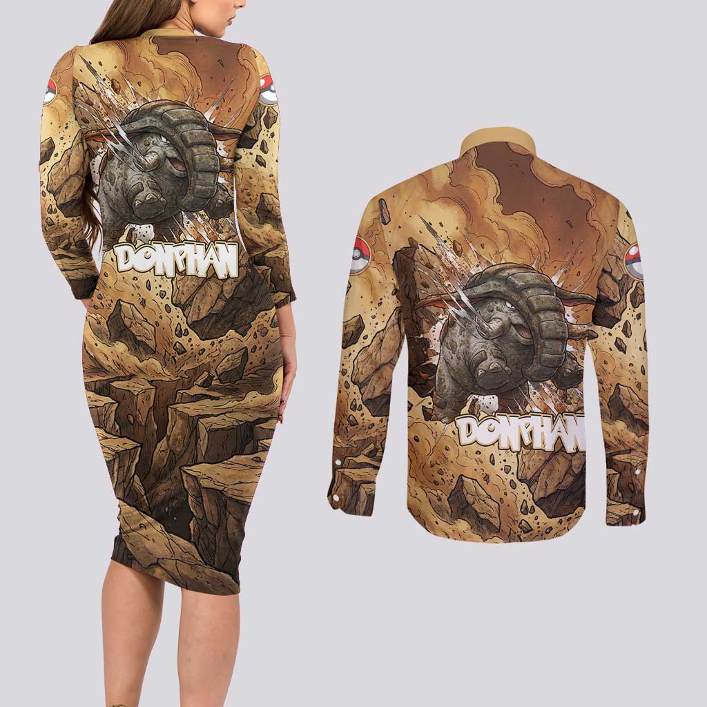 Donphan Couples Matching Long Sleeve Bodycon Dress and Long Sleeve Button Shirt Explosive Earthquake Comic Art