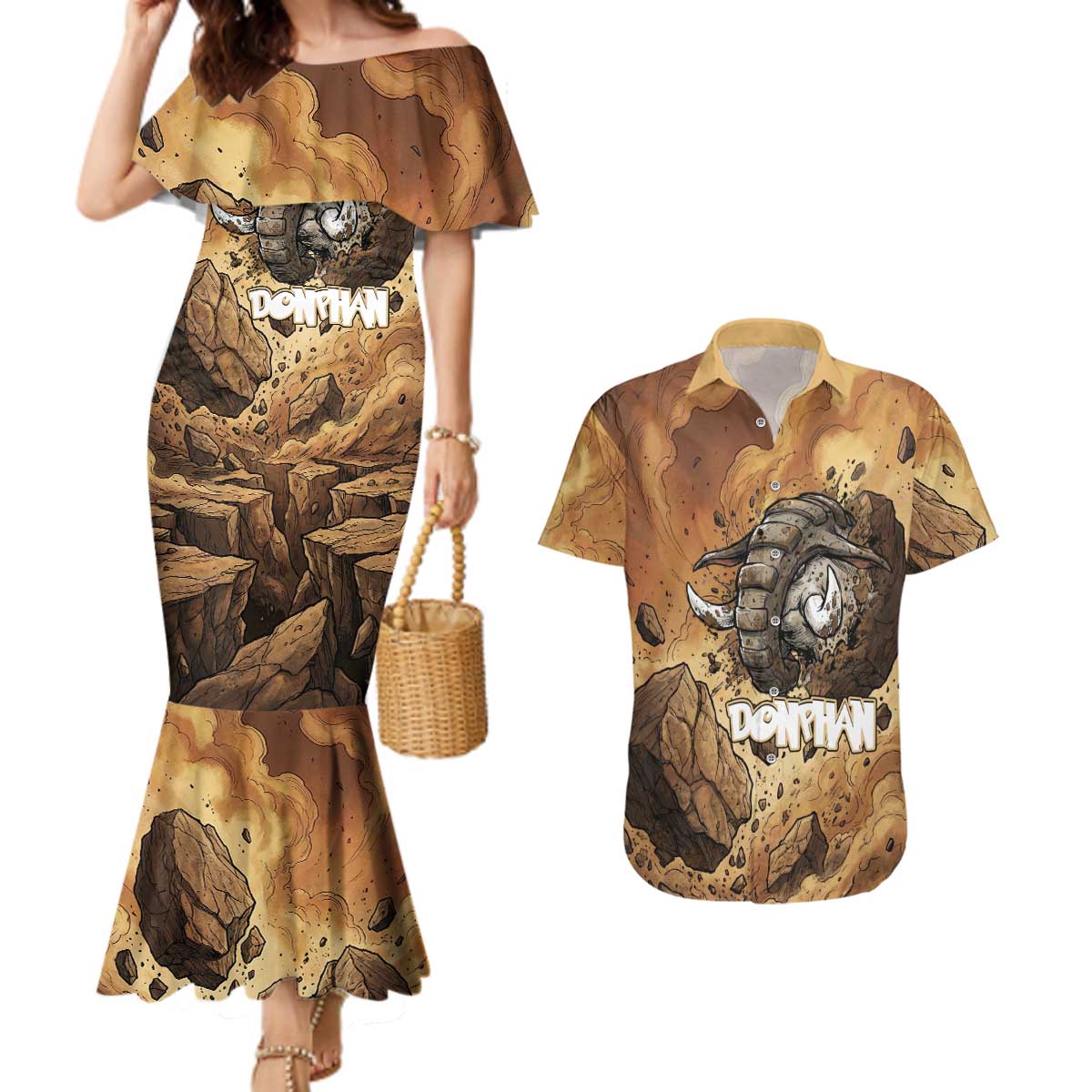 Donphan Couples Matching Mermaid Dress and Hawaiian Shirt Explosive Earthquake Comic Art