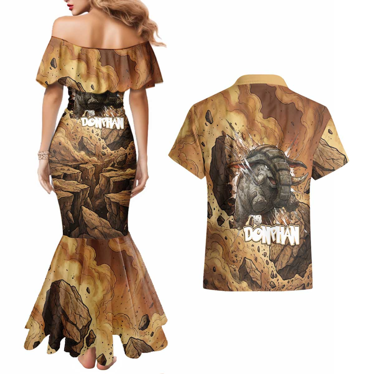 Donphan Couples Matching Mermaid Dress and Hawaiian Shirt Explosive Earthquake Comic Art
