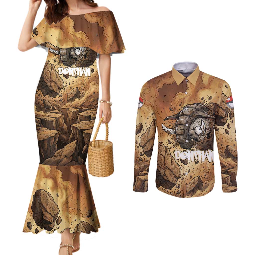 Donphan Couples Matching Mermaid Dress and Long Sleeve Button Shirt Explosive Earthquake Comic Art