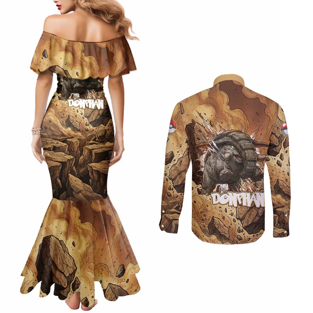 Donphan Couples Matching Mermaid Dress and Long Sleeve Button Shirt Explosive Earthquake Comic Art