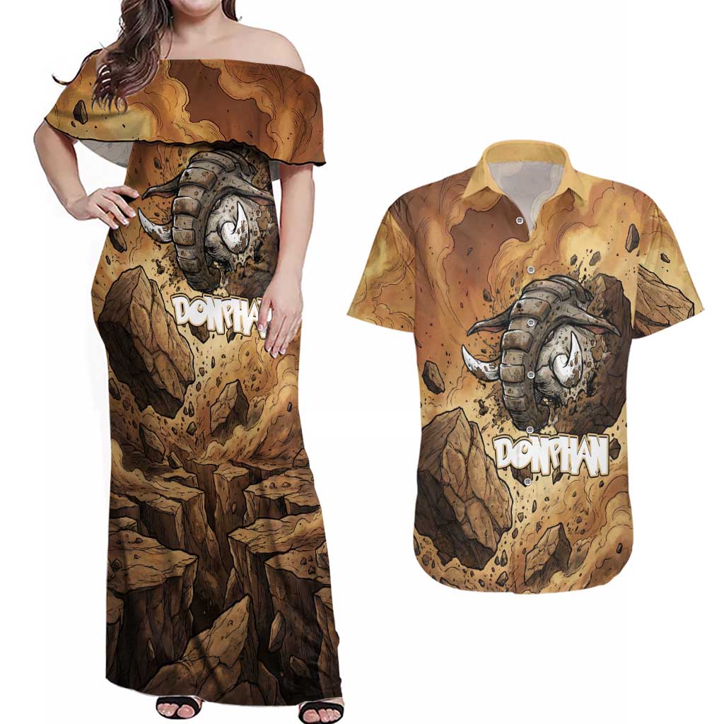 Donphan Couples Matching Off Shoulder Maxi Dress and Hawaiian Shirt Explosive Earthquake Comic Art