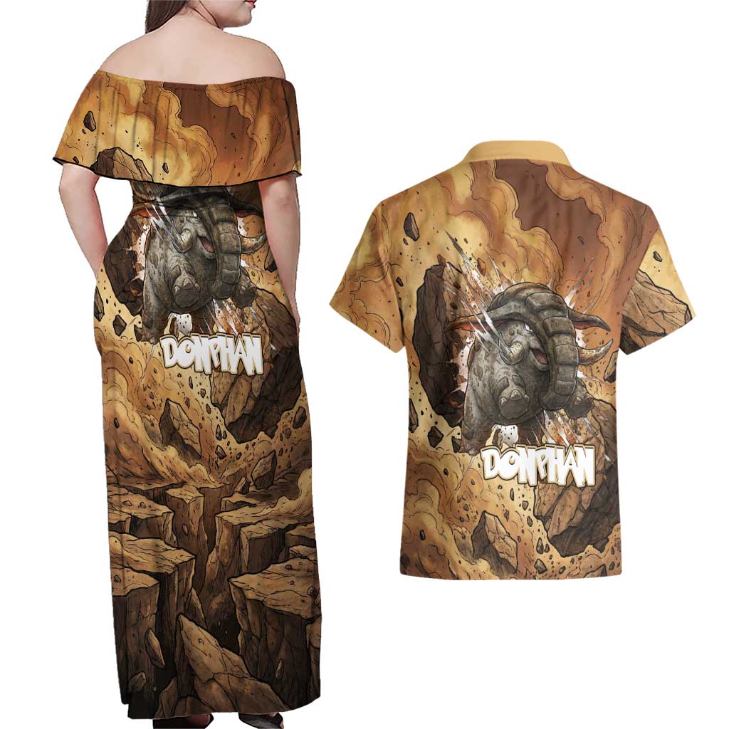 Donphan Couples Matching Off Shoulder Maxi Dress and Hawaiian Shirt Explosive Earthquake Comic Art