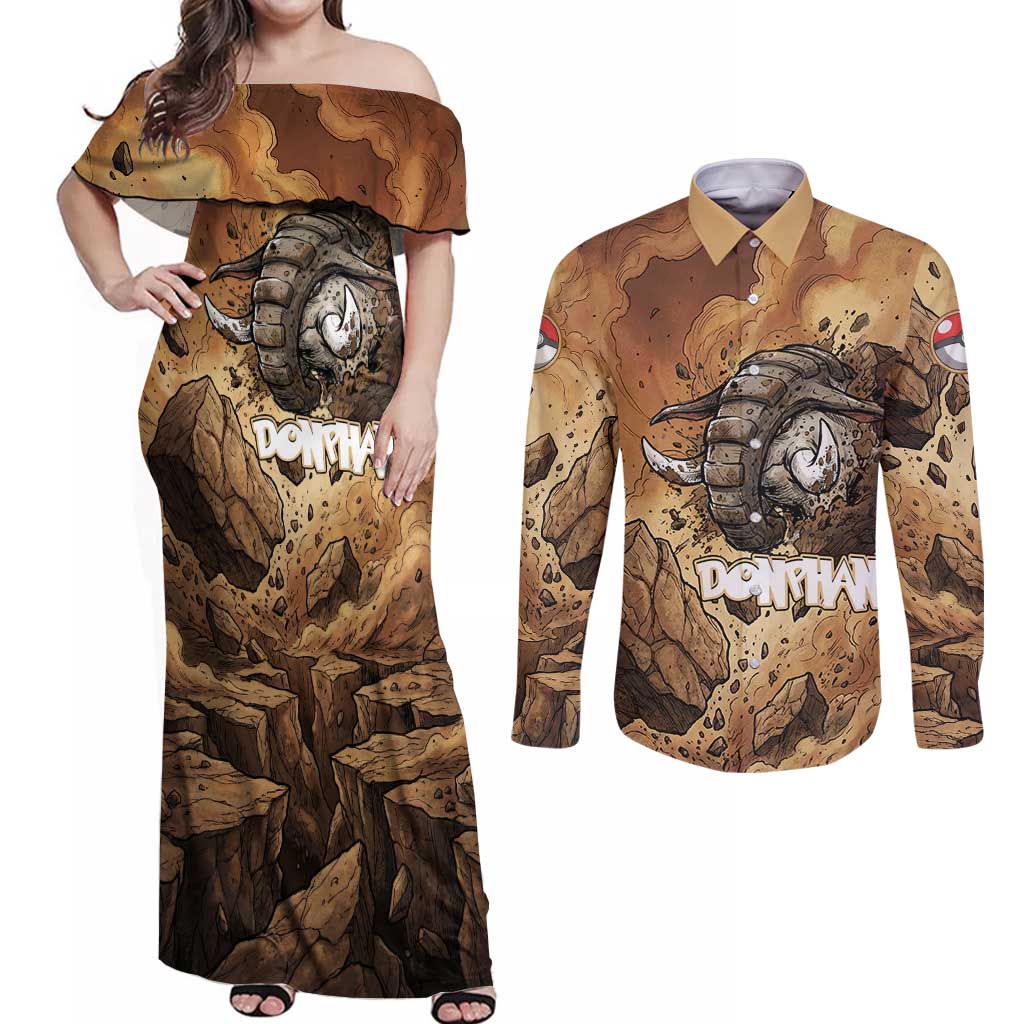 Donphan Couples Matching Off Shoulder Maxi Dress and Long Sleeve Button Shirt Explosive Earthquake Comic Art