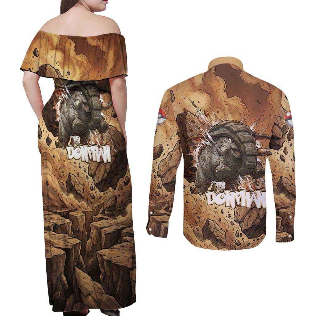 Donphan Couples Matching Off Shoulder Maxi Dress and Long Sleeve Button Shirt Explosive Earthquake Comic Art
