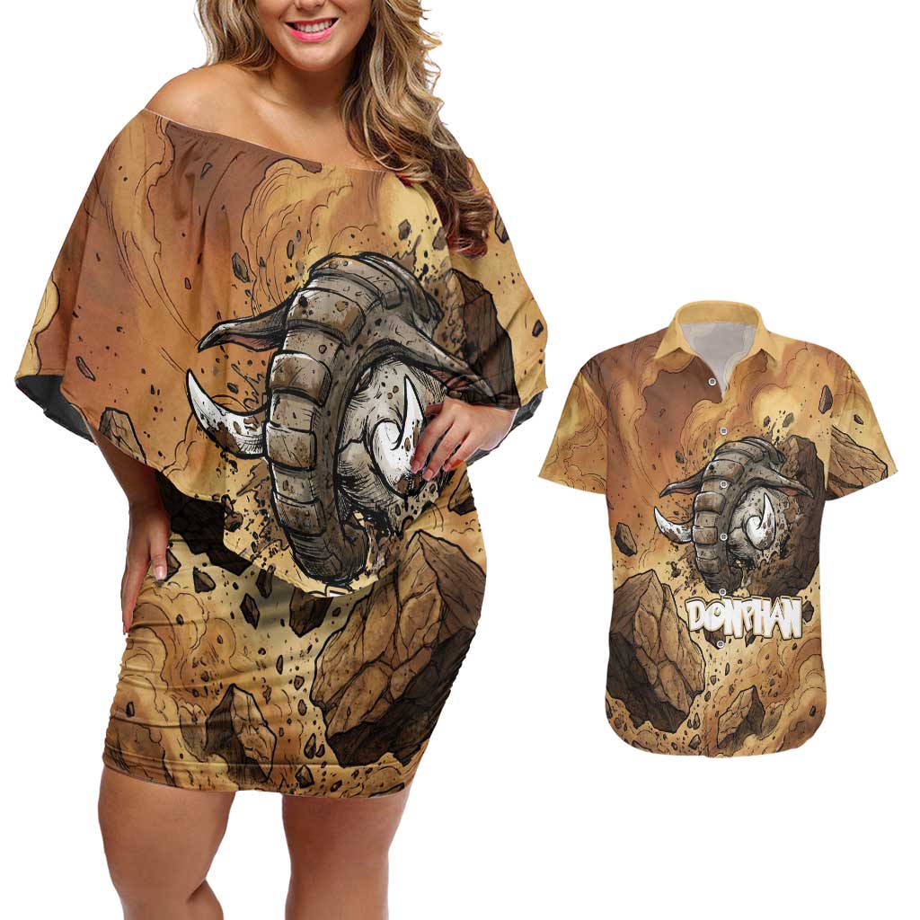 Donphan Couples Matching Off Shoulder Short Dress and Hawaiian Shirt Explosive Earthquake Comic Art