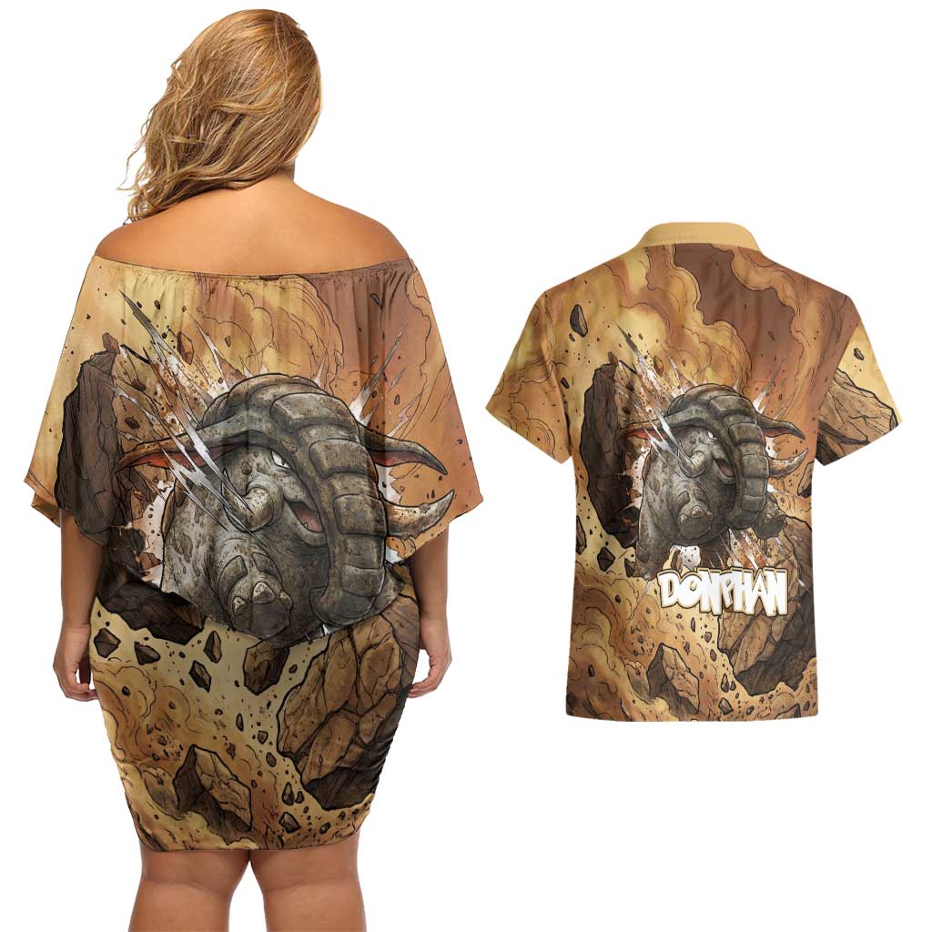 Donphan Couples Matching Off Shoulder Short Dress and Hawaiian Shirt Explosive Earthquake Comic Art