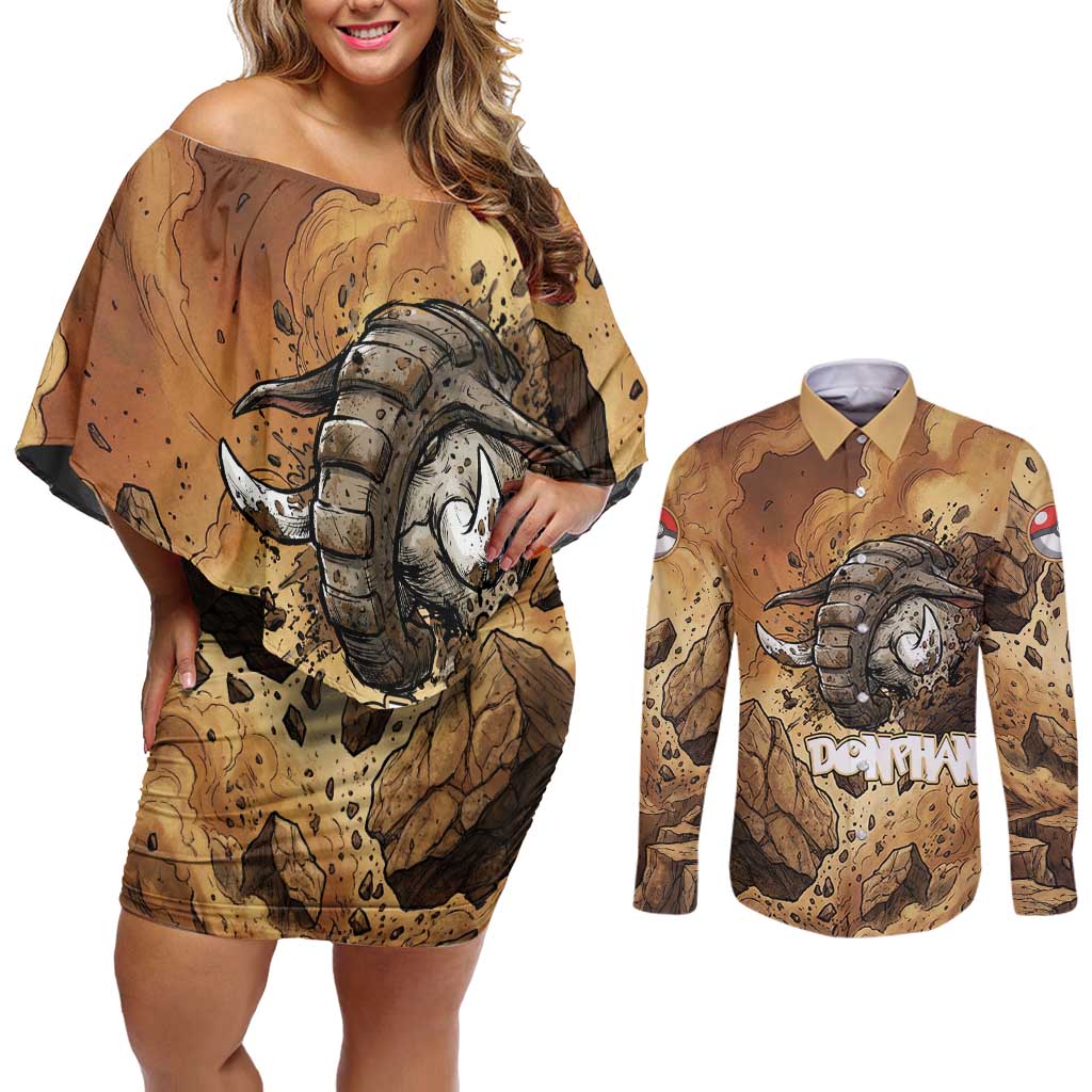 Donphan Couples Matching Off Shoulder Short Dress and Long Sleeve Button Shirt Explosive Earthquake Comic Art