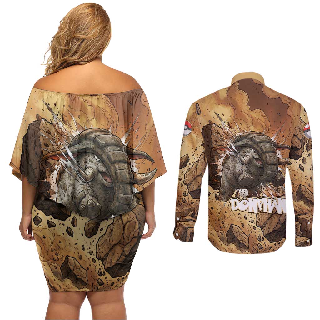 Donphan Couples Matching Off Shoulder Short Dress and Long Sleeve Button Shirt Explosive Earthquake Comic Art