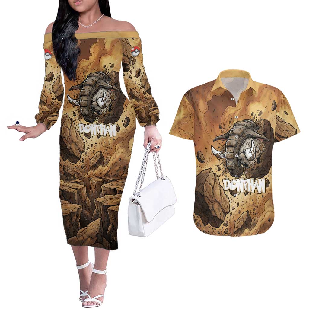 Donphan Couples Matching Off The Shoulder Long Sleeve Dress and Hawaiian Shirt Explosive Earthquake Comic Art