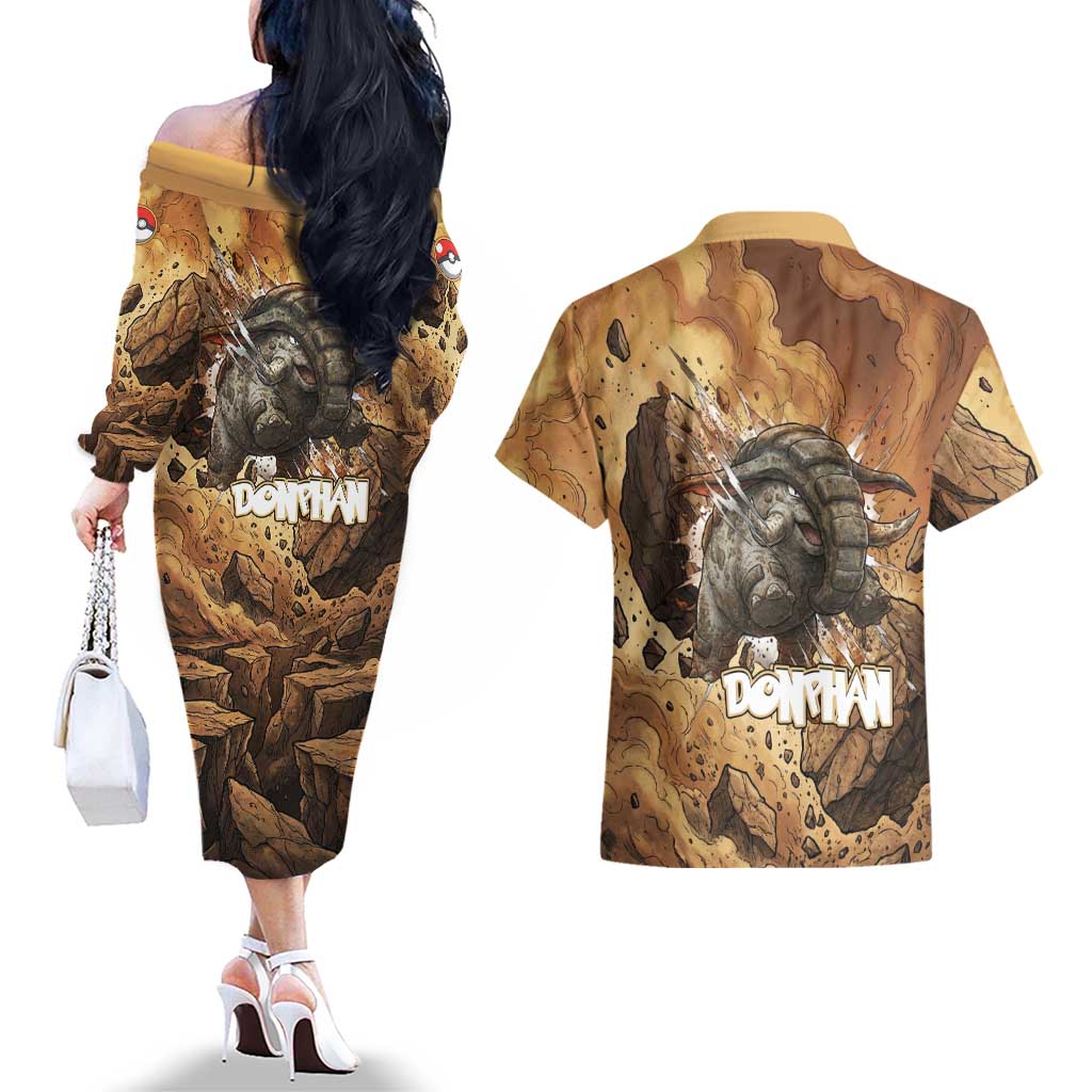 Donphan Couples Matching Off The Shoulder Long Sleeve Dress and Hawaiian Shirt Explosive Earthquake Comic Art