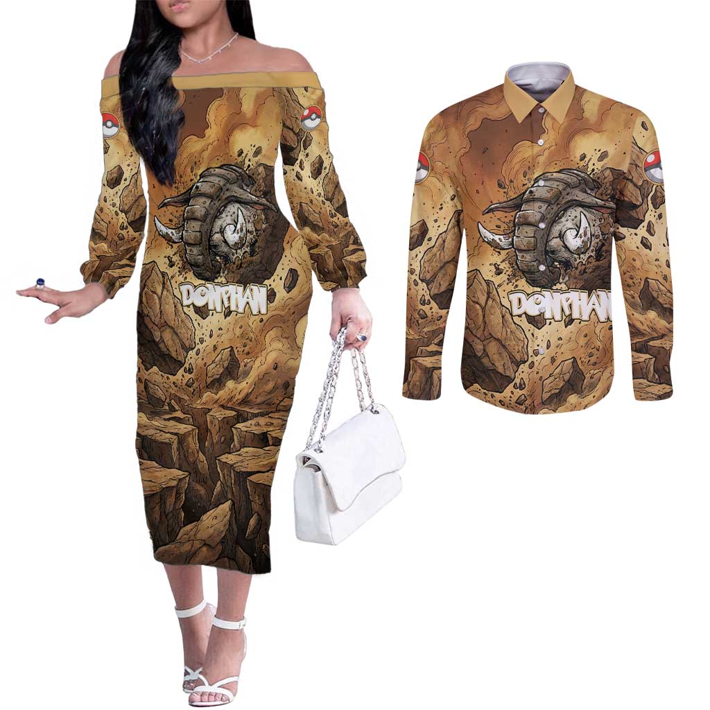 Donphan Couples Matching Off The Shoulder Long Sleeve Dress and Long Sleeve Button Shirt Explosive Earthquake Comic Art