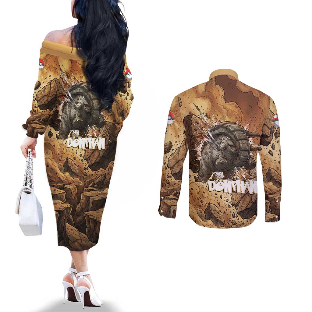 Donphan Couples Matching Off The Shoulder Long Sleeve Dress and Long Sleeve Button Shirt Explosive Earthquake Comic Art