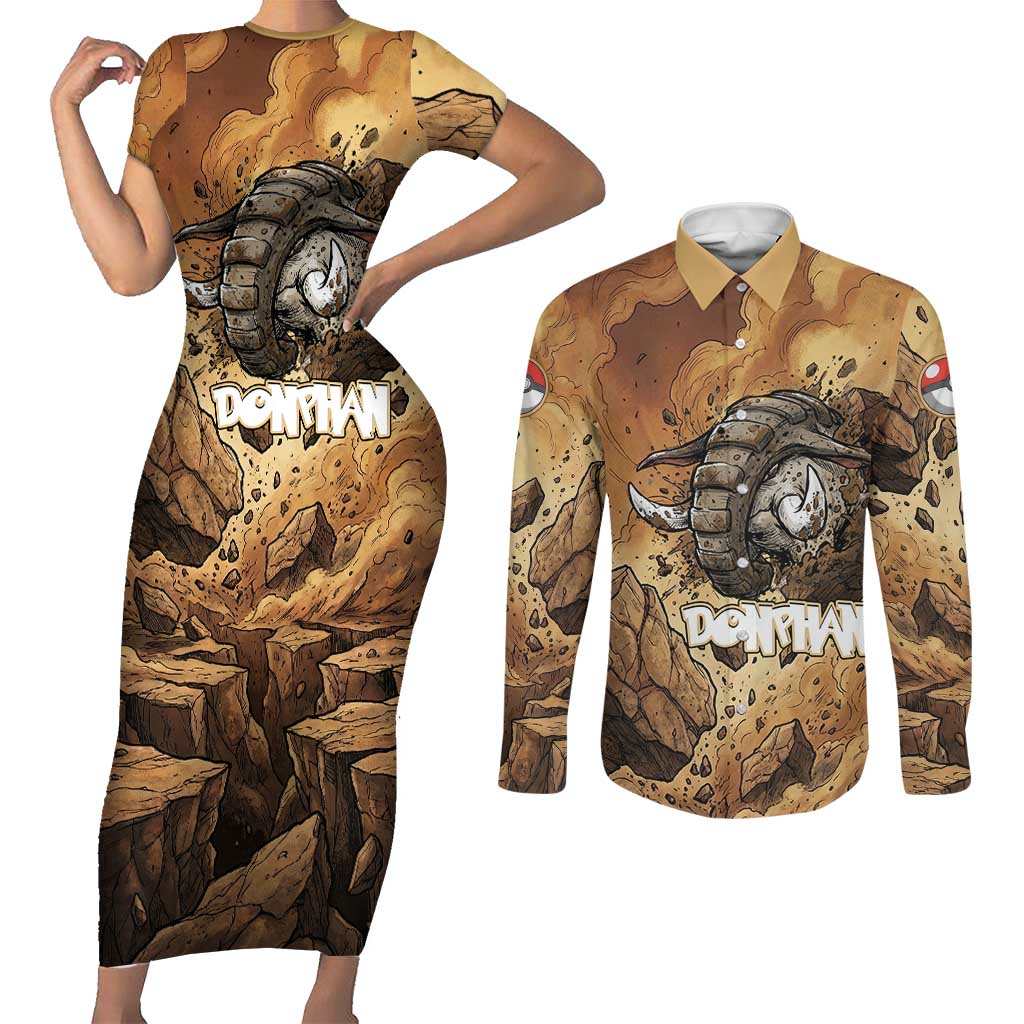 Donphan Couples Matching Short Sleeve Bodycon Dress and Long Sleeve Button Shirt Explosive Earthquake Comic Art