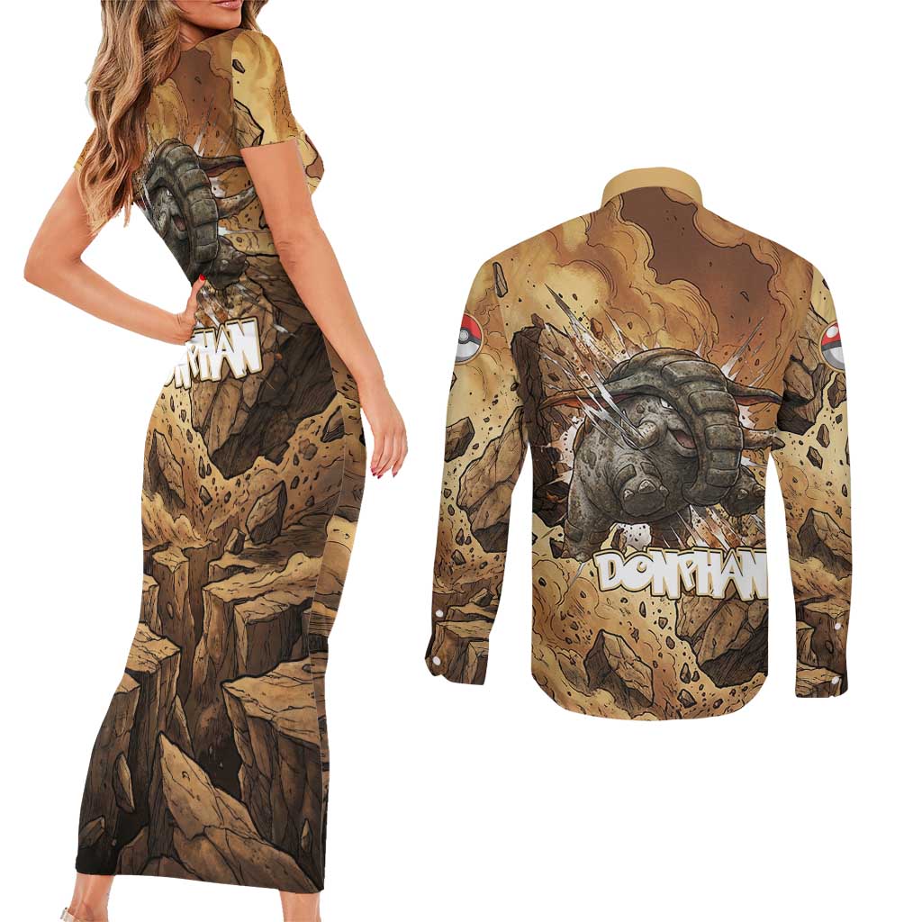 Donphan Couples Matching Short Sleeve Bodycon Dress and Long Sleeve Button Shirt Explosive Earthquake Comic Art