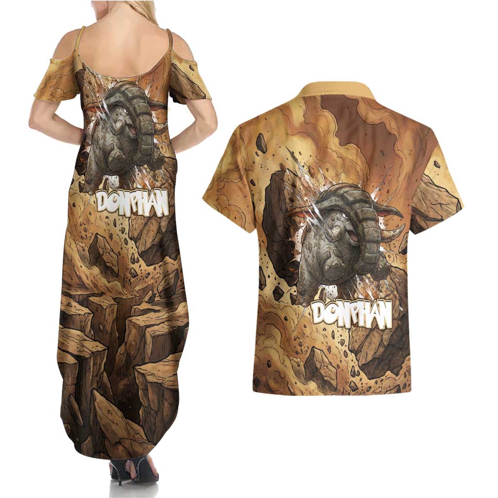Donphan Couples Matching Summer Maxi Dress and Hawaiian Shirt Explosive Earthquake Comic Art