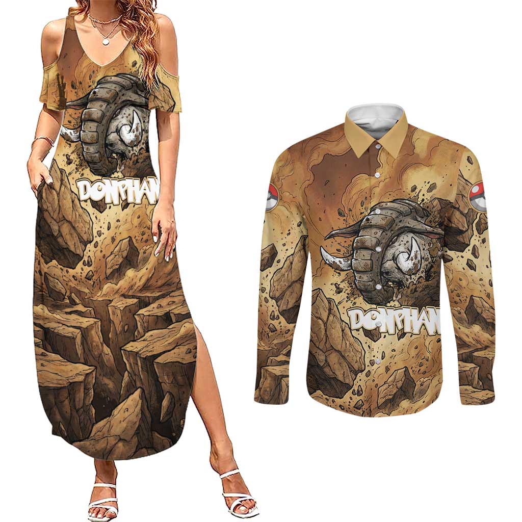 Donphan Couples Matching Summer Maxi Dress and Long Sleeve Button Shirt Explosive Earthquake Comic Art