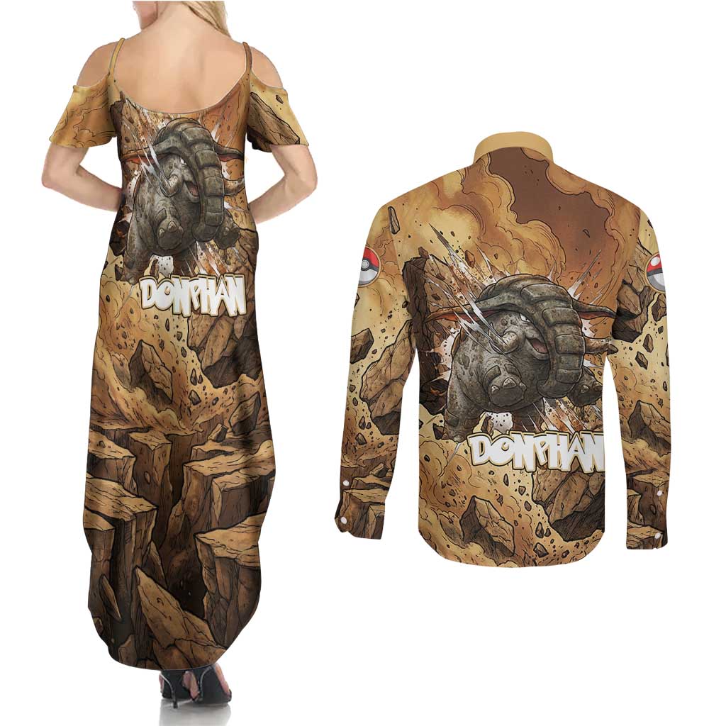 Donphan Couples Matching Summer Maxi Dress and Long Sleeve Button Shirt Explosive Earthquake Comic Art