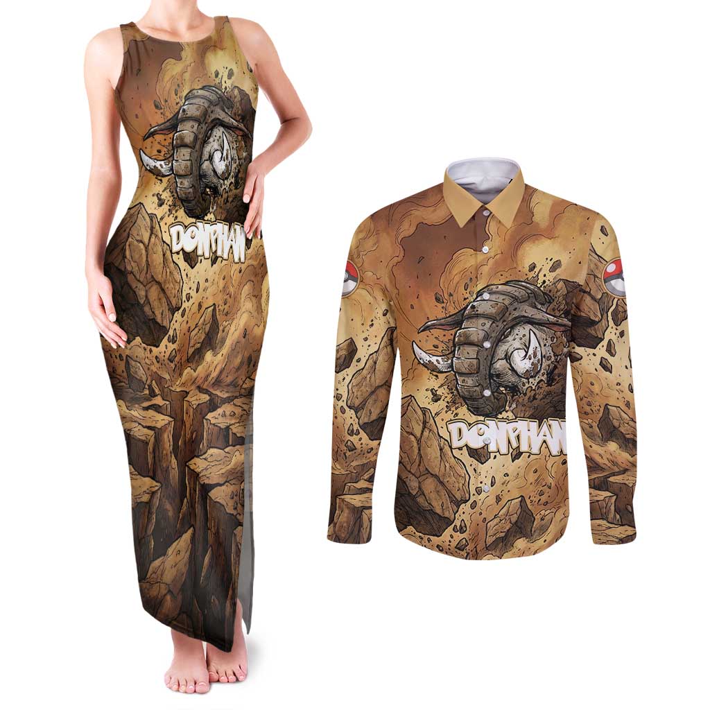 Donphan Couples Matching Tank Maxi Dress and Long Sleeve Button Shirt Explosive Earthquake Comic Art