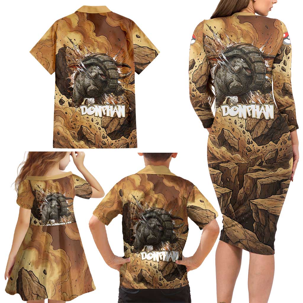 Donphan Family Matching Long Sleeve Bodycon Dress and Hawaiian Shirt Explosive Earthquake Comic Art