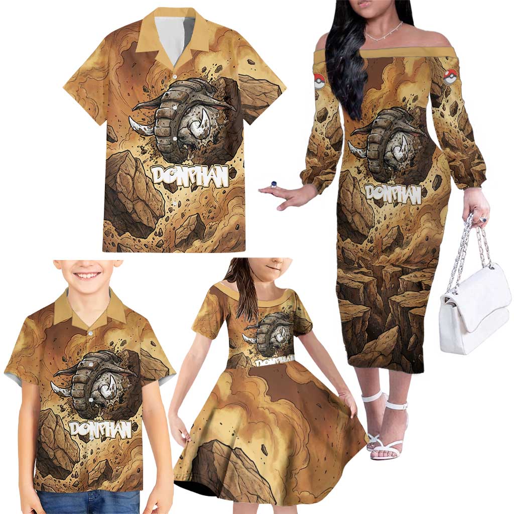 Donphan Family Matching Off The Shoulder Long Sleeve Dress and Hawaiian Shirt Explosive Earthquake Comic Art