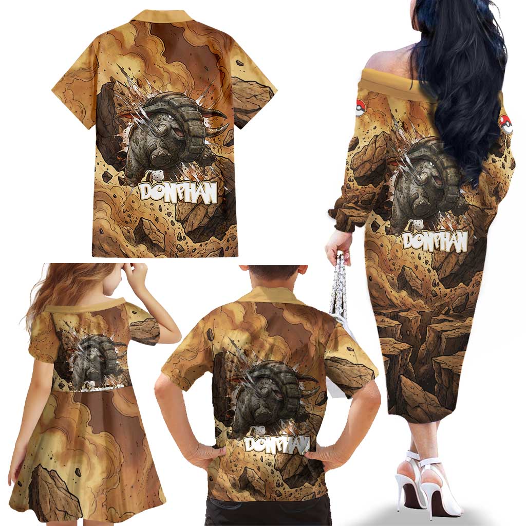 Donphan Family Matching Off The Shoulder Long Sleeve Dress and Hawaiian Shirt Explosive Earthquake Comic Art
