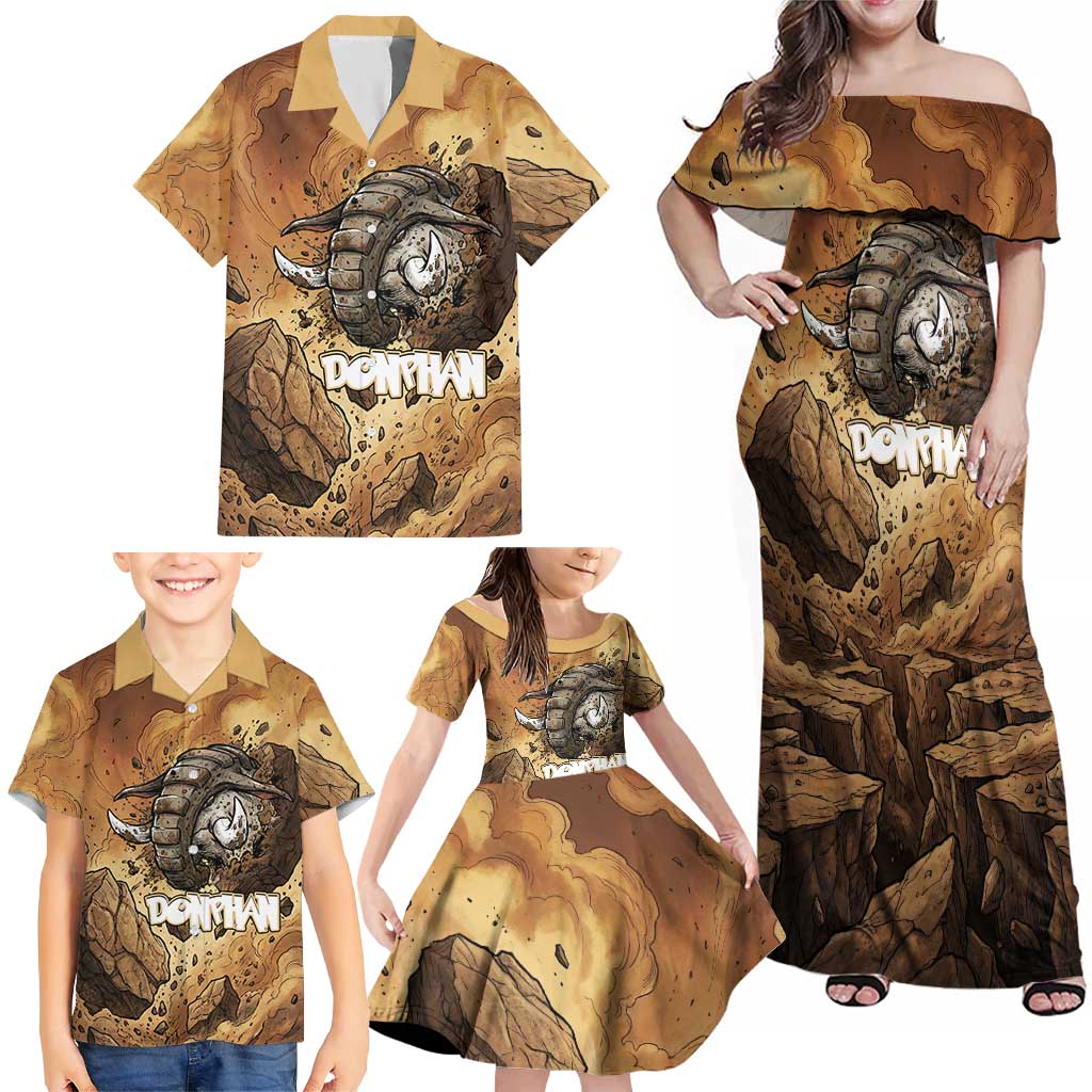 Donphan Family Matching Off Shoulder Maxi Dress and Hawaiian Shirt Explosive Earthquake Comic Art