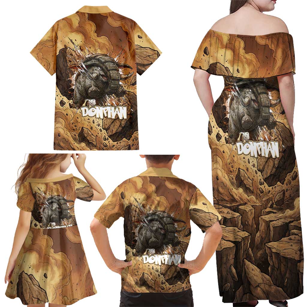Donphan Family Matching Off Shoulder Maxi Dress and Hawaiian Shirt Explosive Earthquake Comic Art