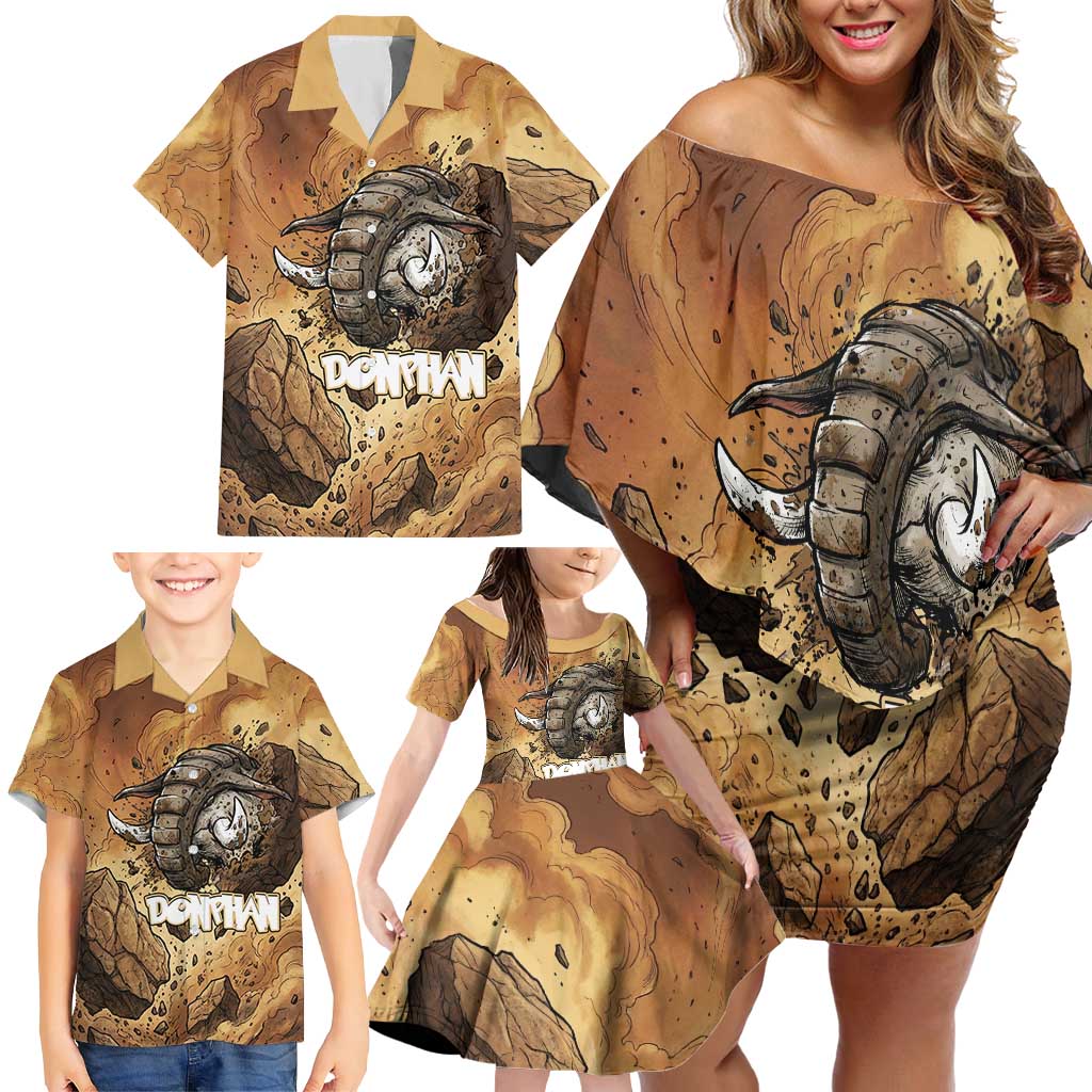 Donphan Family Matching Off Shoulder Short Dress and Hawaiian Shirt Explosive Earthquake Comic Art