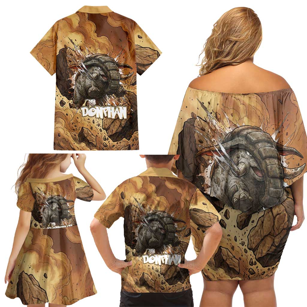 Donphan Family Matching Off Shoulder Short Dress and Hawaiian Shirt Explosive Earthquake Comic Art