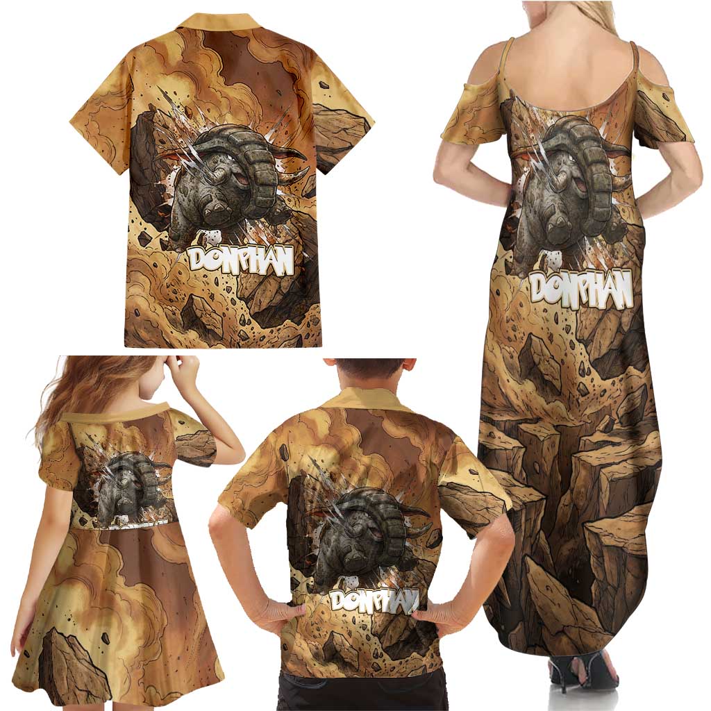 Donphan Family Matching Summer Maxi Dress and Hawaiian Shirt Explosive Earthquake Comic Art