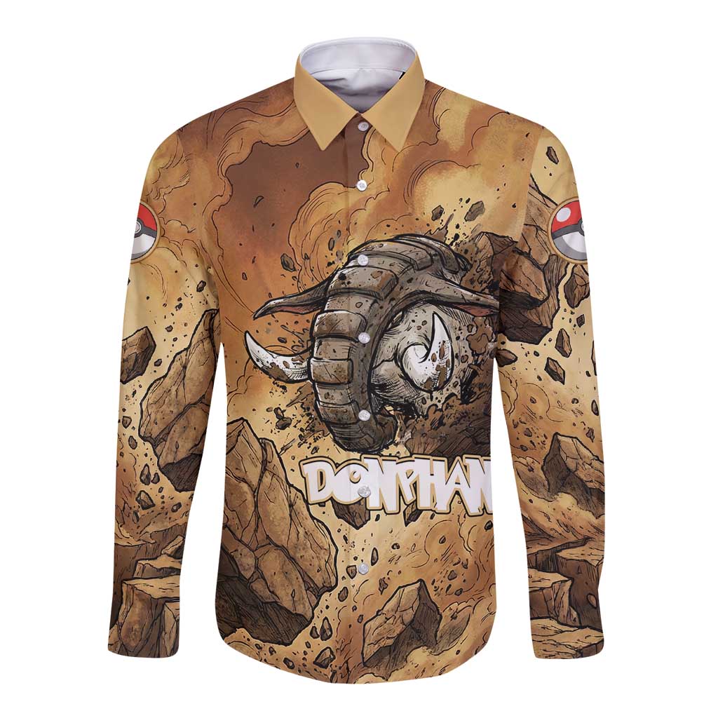 Donphan Long Sleeve Button Shirt Explosive Earthquake Comic Art