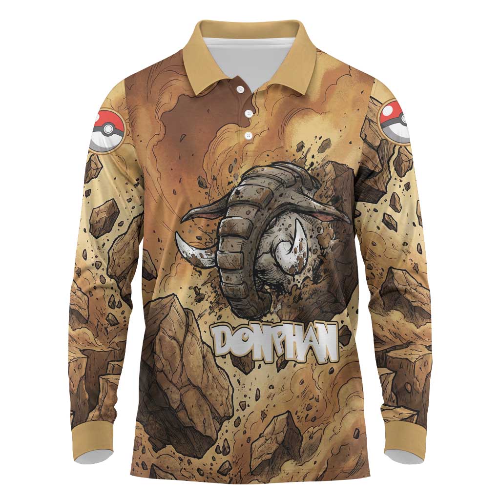 Donphan Long Sleeve Polo Shirt Explosive Earthquake Comic Art