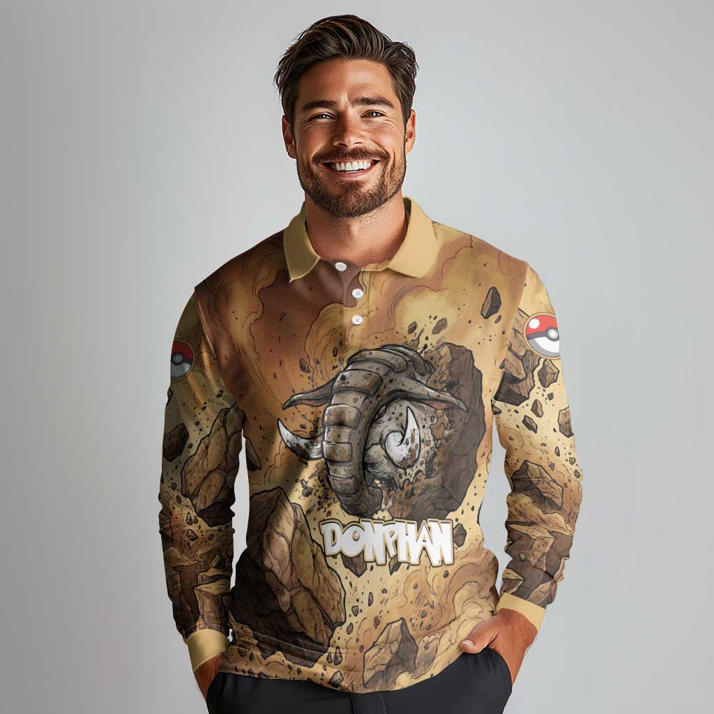 Donphan Long Sleeve Polo Shirt Explosive Earthquake Comic Art