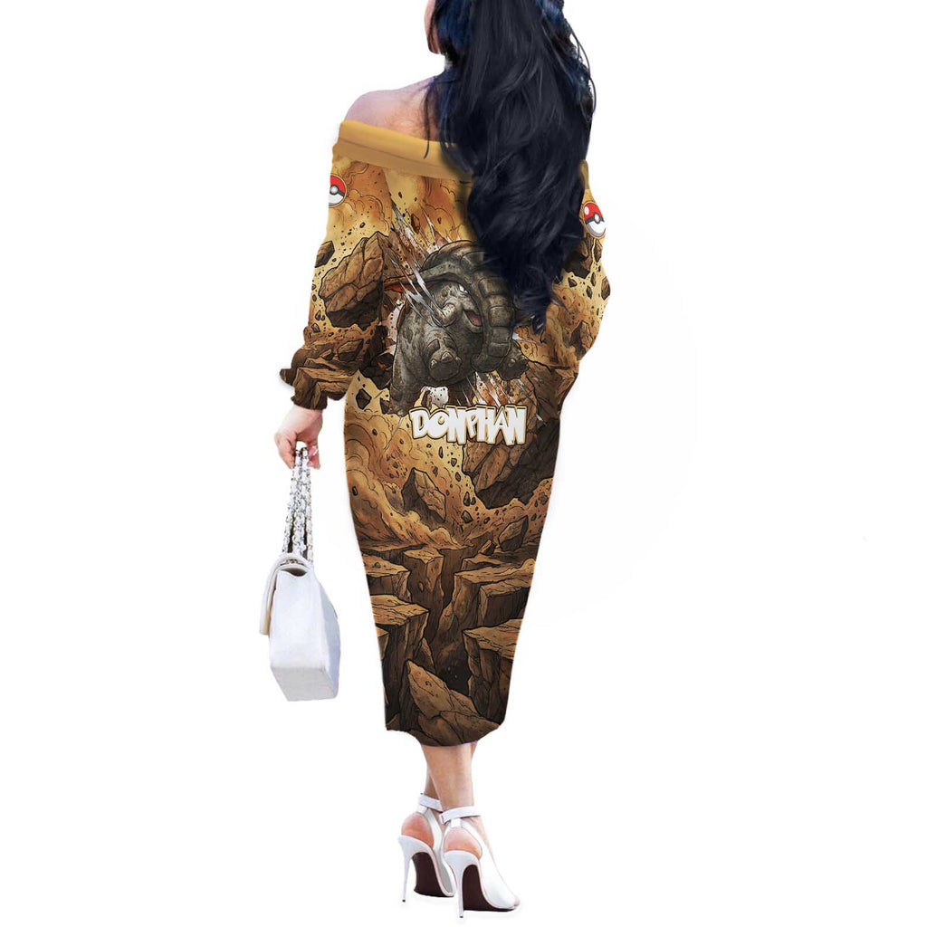 Donphan Off The Shoulder Long Sleeve Dress Explosive Earthquake Comic Art