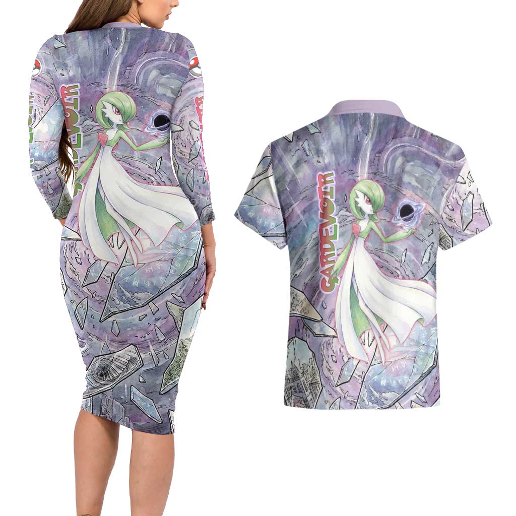 Gardevoir Couples Matching Long Sleeve Bodycon Dress and Hawaiian Shirt Shattered Crystal Galaxy Art