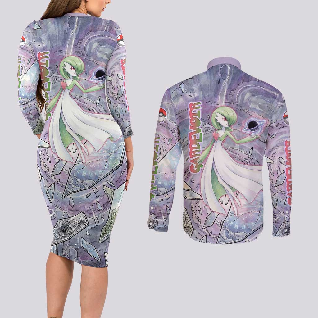 Gardevoir Couples Matching Long Sleeve Bodycon Dress and Long Sleeve Button Shirt Shattered Crystal Galaxy Art
