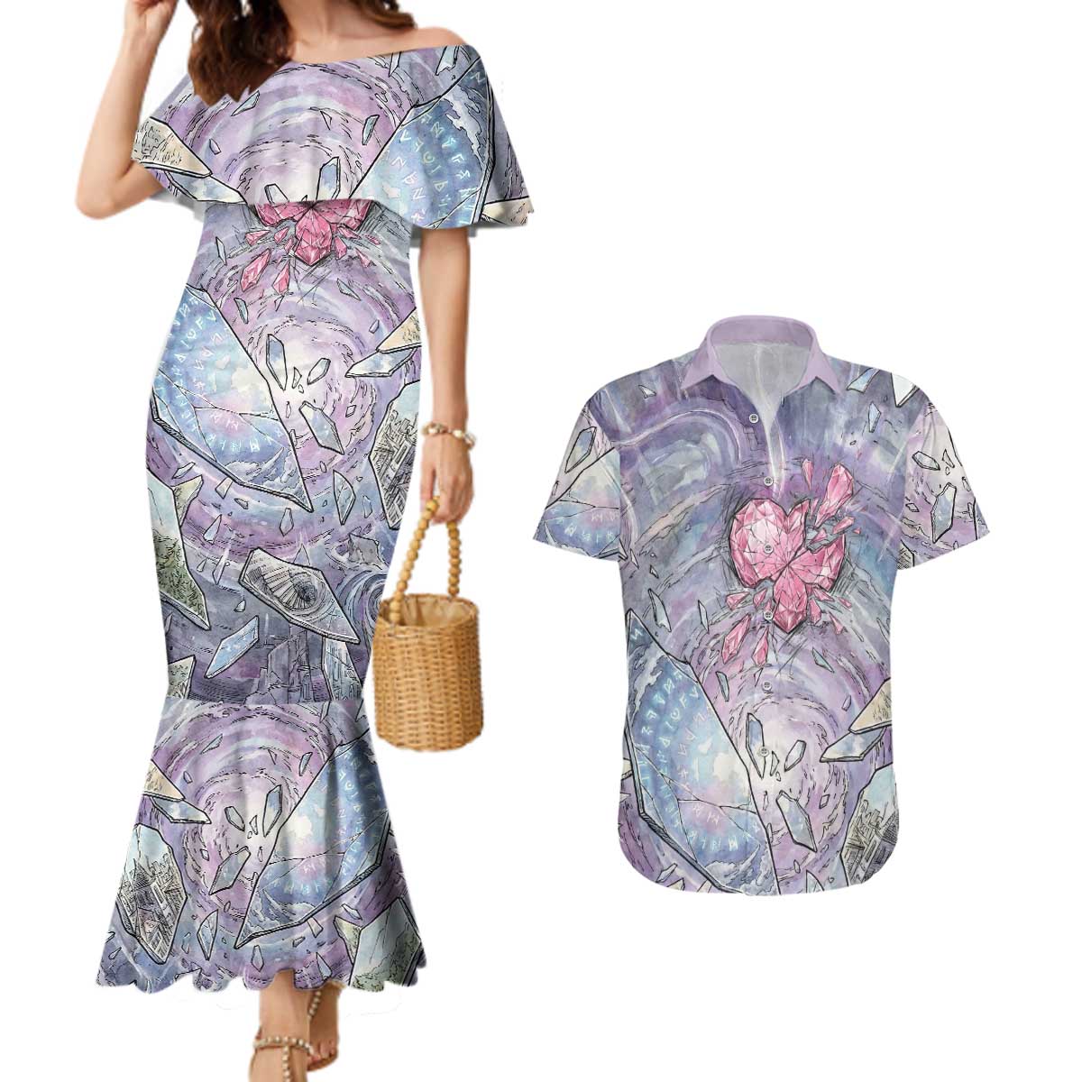 Gardevoir Couples Matching Mermaid Dress and Hawaiian Shirt Shattered Crystal Galaxy Art