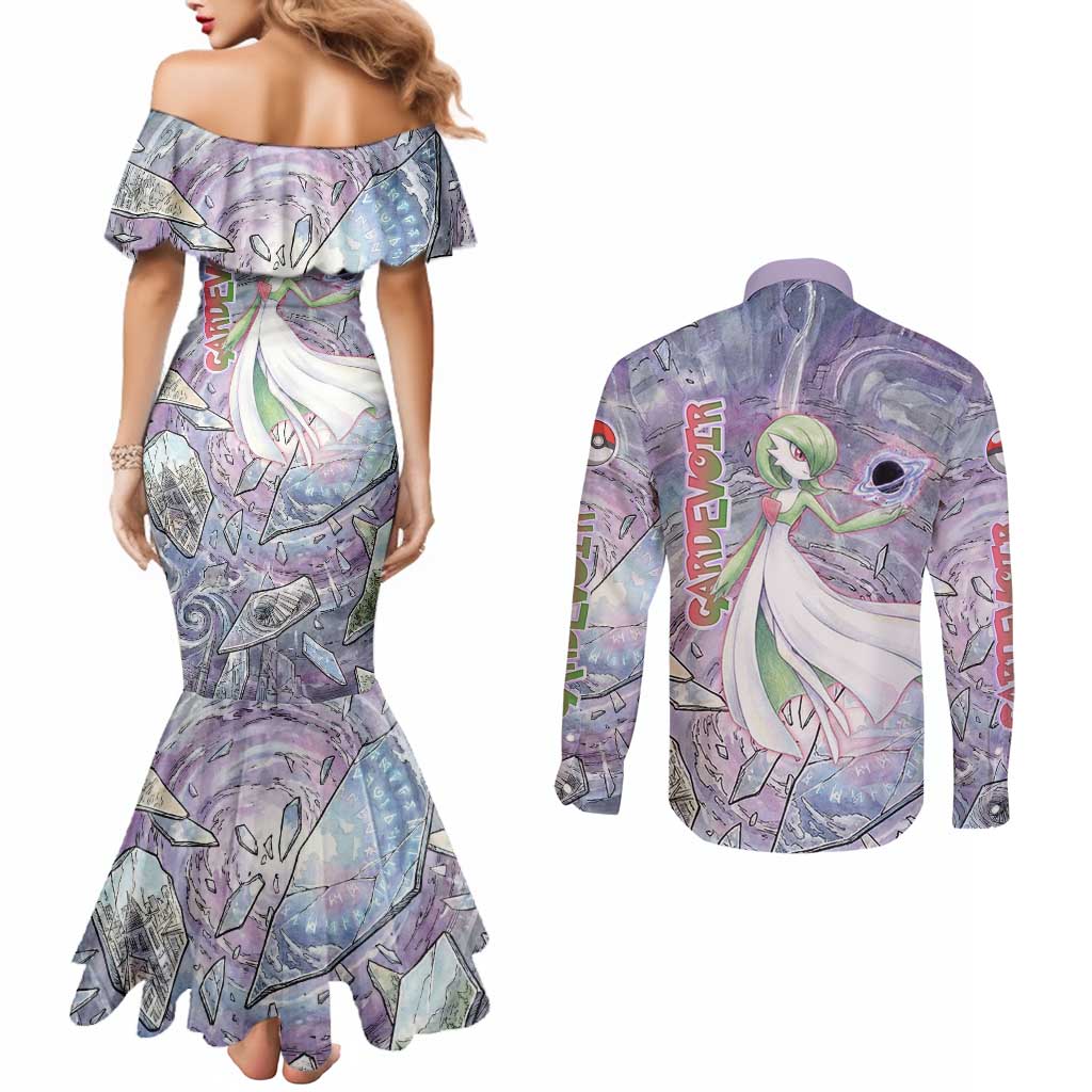Gardevoir Couples Matching Mermaid Dress and Long Sleeve Button Shirt Shattered Crystal Galaxy Art