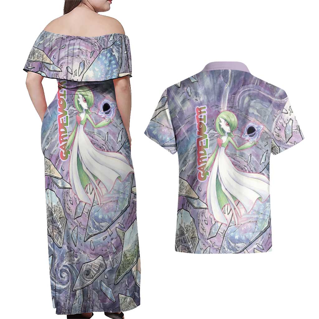 Gardevoir Couples Matching Off Shoulder Maxi Dress and Hawaiian Shirt Shattered Crystal Galaxy Art