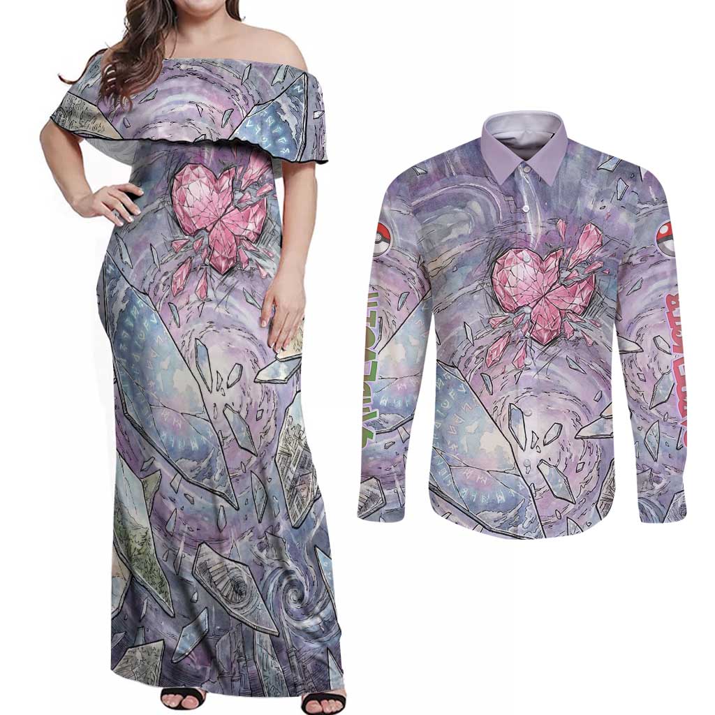 Gardevoir Couples Matching Off Shoulder Maxi Dress and Long Sleeve Button Shirt Shattered Crystal Galaxy Art