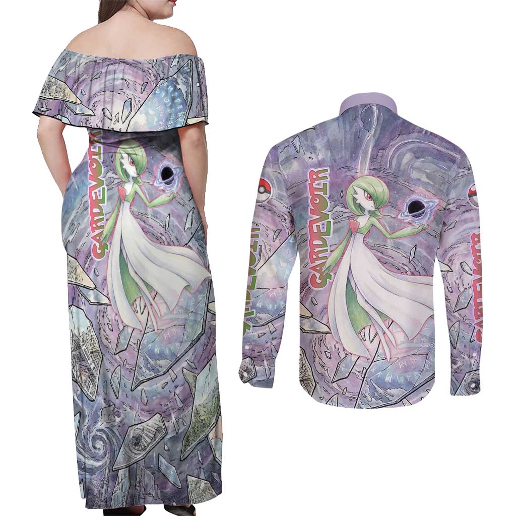 Gardevoir Couples Matching Off Shoulder Maxi Dress and Long Sleeve Button Shirt Shattered Crystal Galaxy Art