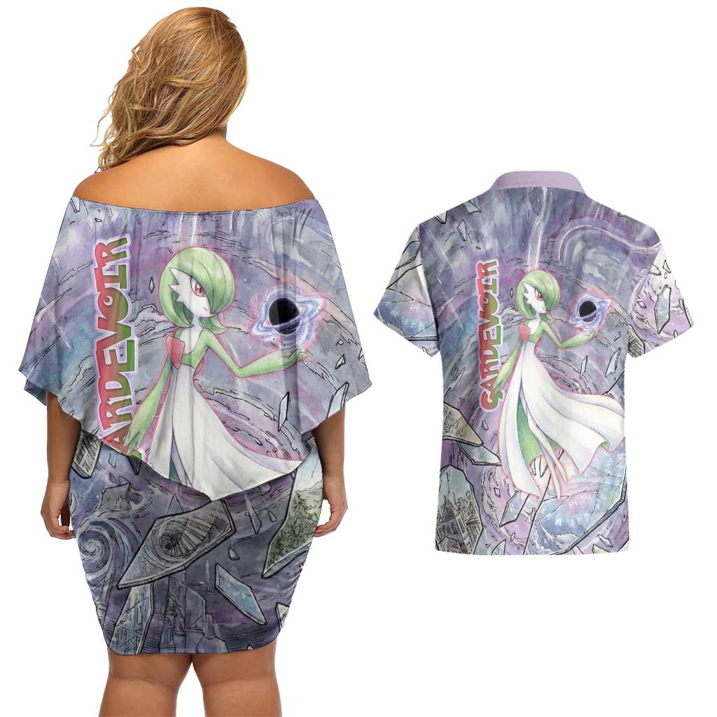 Gardevoir Couples Matching Off Shoulder Short Dress and Hawaiian Shirt Shattered Crystal Galaxy Art