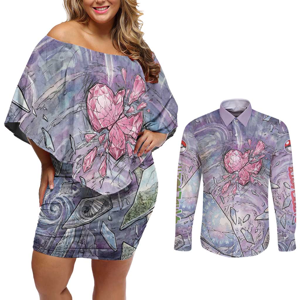 Gardevoir Couples Matching Off Shoulder Short Dress and Long Sleeve Button Shirt Shattered Crystal Galaxy Art