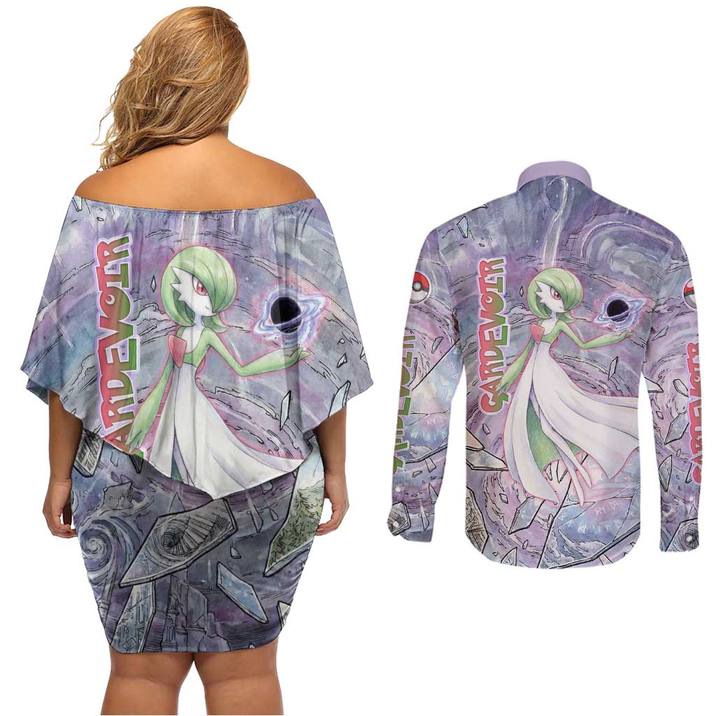 Gardevoir Couples Matching Off Shoulder Short Dress and Long Sleeve Button Shirt Shattered Crystal Galaxy Art