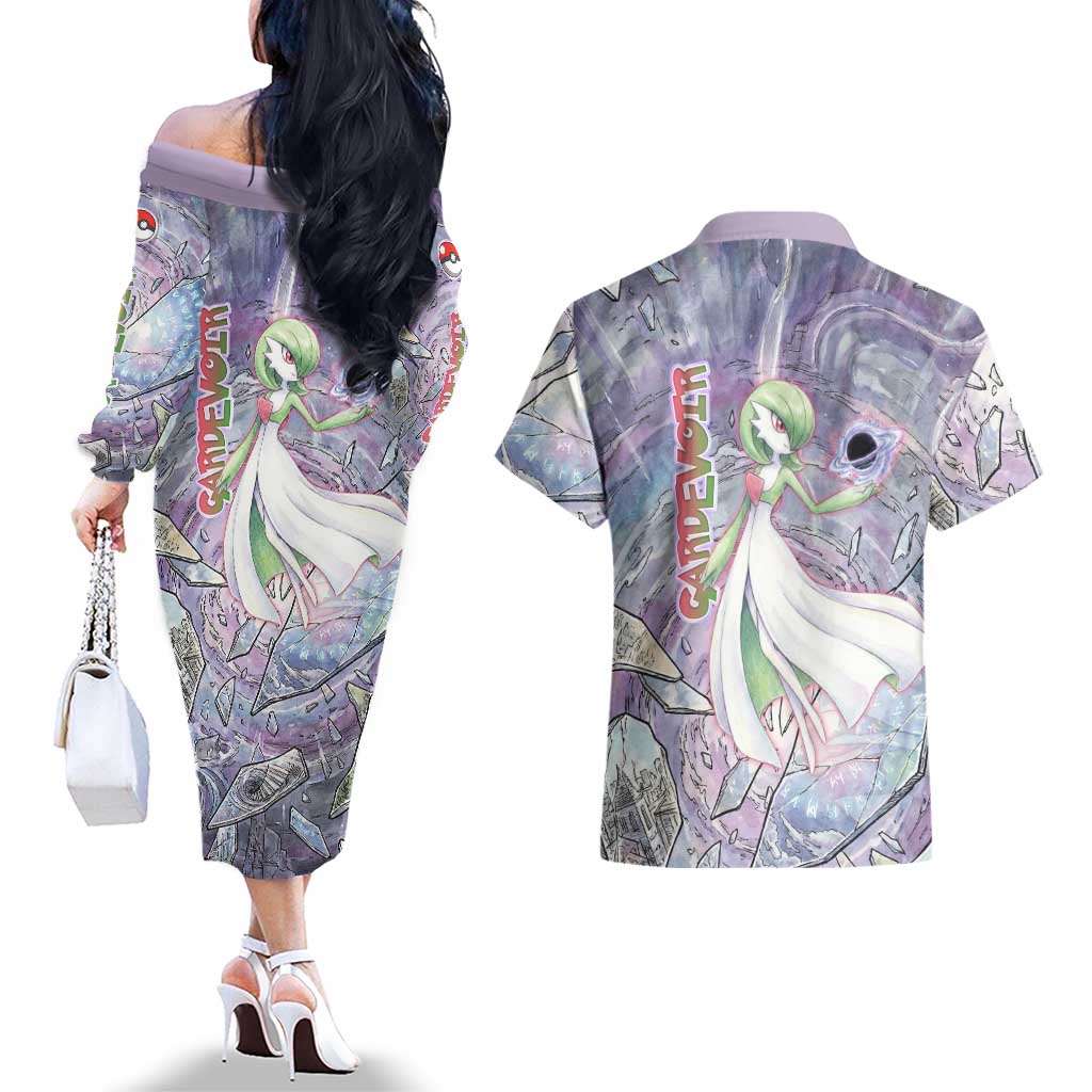 Gardevoir Couples Matching Off The Shoulder Long Sleeve Dress and Hawaiian Shirt Shattered Crystal Galaxy Art